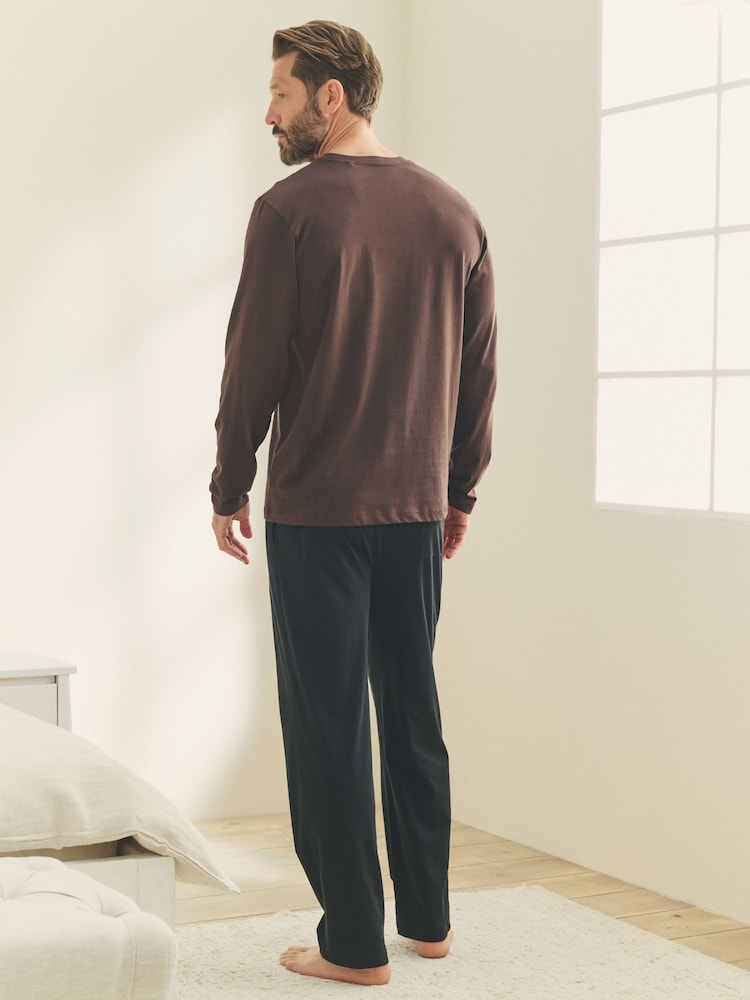 Chocolate Brown/Black Long Sleeve Jersey Cotton Pyjamas Set - Image 2 of 13