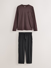 Chocolate Brown/Black Long Sleeve Jersey Cotton Pyjamas Set - Image 8 of 13