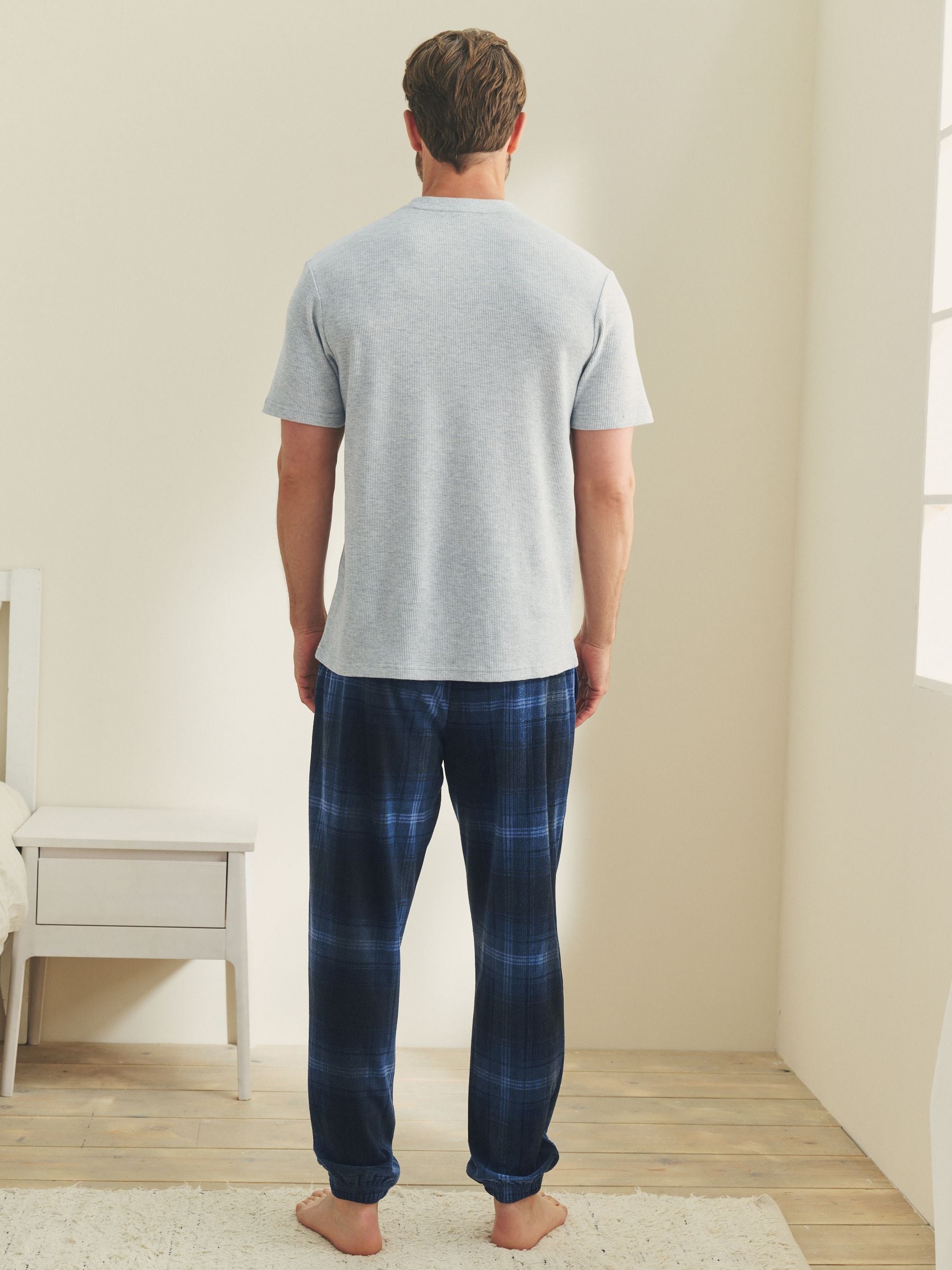 Buy Navy Blue/Grey Textured Cosy Motionflex Cuffed Pyjamas Set
