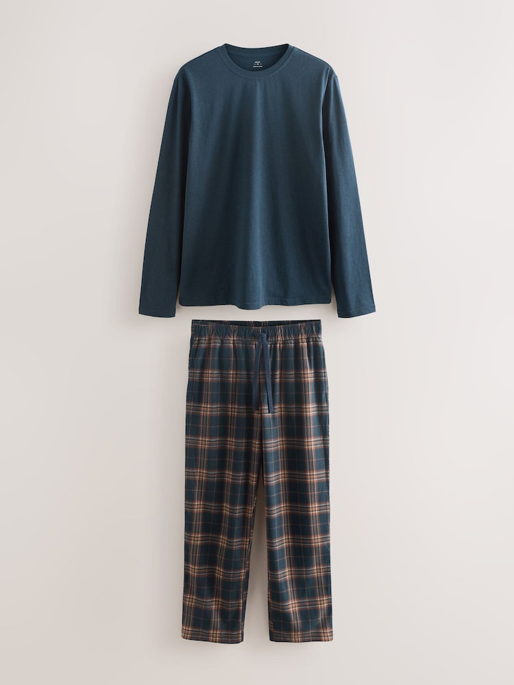 Navy Blue/Rust Motionflex Cosy Long Sleeve Pyjamas Set - Image 1 of 6