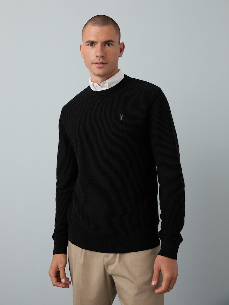 Black Crew Neck Regular Fit Textured Oxford Mock Shirt Jumper - Image 1 of 8