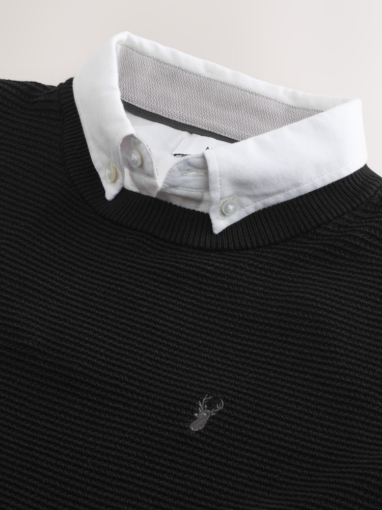 Black Crew Neck Regular Fit Textured Oxford Mock Shirt Jumper - Image 8 of 8