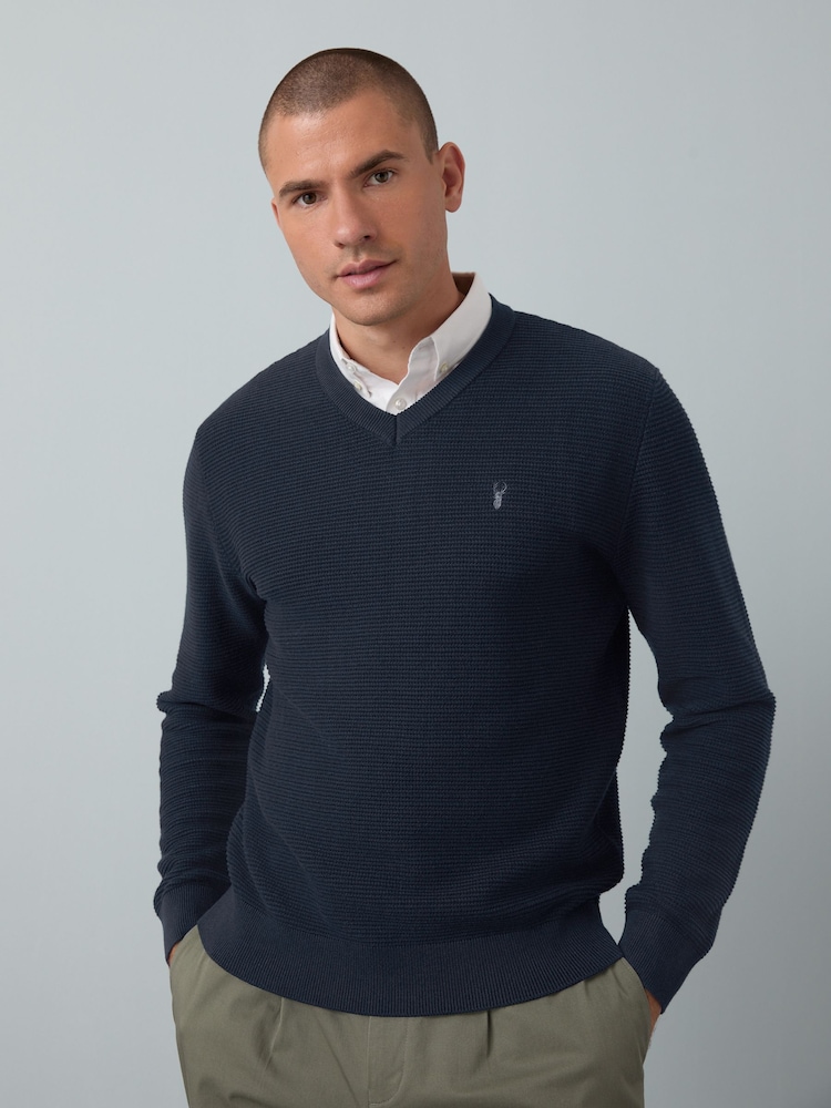 Navy Blue V-Neck Regular Fit Textured Oxford Mock Shirt Jumper - Image 1 of 9