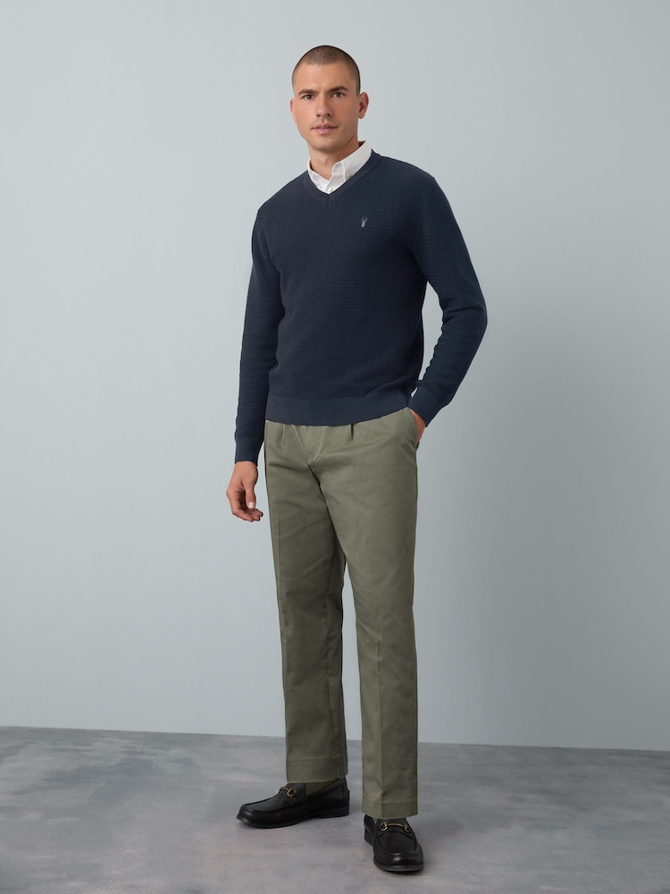 Navy Blue V-Neck Regular Fit Textured Oxford Mock Shirt Jumper - Image 2 of 9