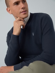 Navy Blue V-Neck Regular Fit Textured Oxford Mock Shirt Jumper - Image 4 of 9