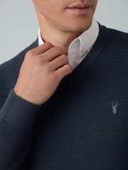 Navy Blue V-Neck Regular Fit Textured Oxford Mock Shirt Jumper - Image 6 of 9