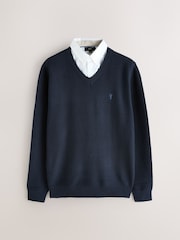 Navy Blue V-Neck Regular Fit Textured Oxford Mock Shirt Jumper - Image 7 of 9