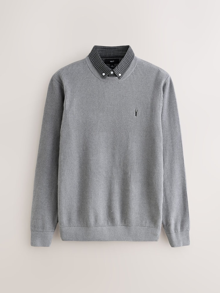 Grey Regular Fit Gingham Oxford Mock Shirt Jumper - Image 1 of 3