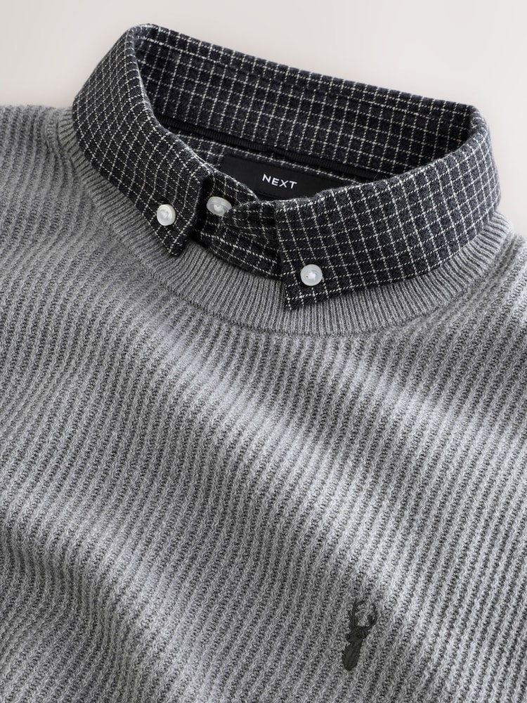 Grey Regular Fit Gingham Oxford Mock Shirt Jumper - Image 3 of 3