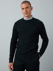 Navy Blue Regular Fit Oxford Mock Shirt Cable Jumper - Image 1 of 8