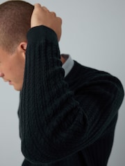 Navy Blue Regular Fit Oxford Mock Shirt Cable Jumper - Image 5 of 8