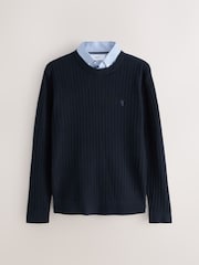 Navy Blue Regular Fit Oxford Mock Shirt Cable Jumper - Image 6 of 8