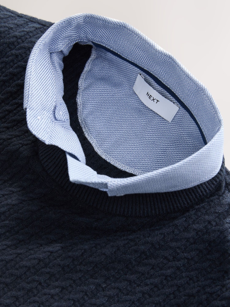 Navy Blue Regular Fit Oxford Mock Shirt Cable Jumper - Image 8 of 8