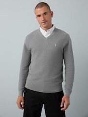 Grey V-Neck Regular Fit Textured Oxford Mock Shirt Jumper - Image 1 of 8