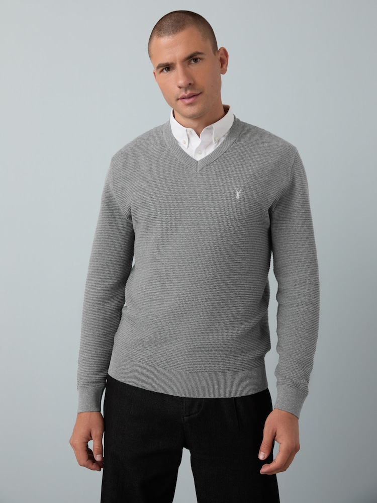 Grey V-Neck Regular Fit Textured Oxford Mock Shirt Jumper - Image 1 of 8 Grey V-Neck Regular Fit Textured Oxford Mock Shirt Jumper - Image 1 of 8