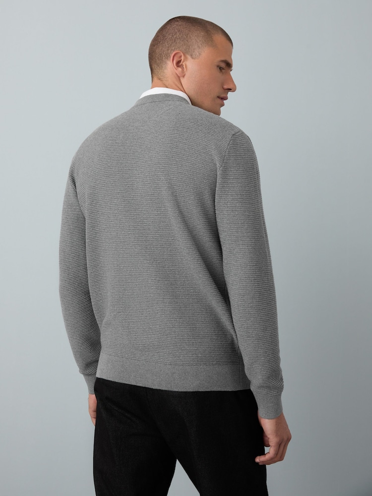 Grey V-Neck Regular Fit Textured Oxford Mock Shirt Jumper - Image 2 of 8 Grey V-Neck Regular Fit Textured Oxford Mock Shirt Jumper - Image 2 of 8