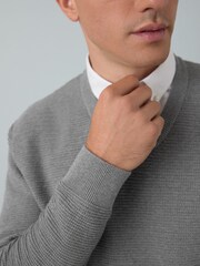 Grey V-Neck Regular Fit Textured Oxford Mock Shirt Jumper - Image 4 of 8