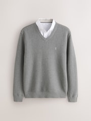 Grey V-Neck Regular Fit Textured Oxford Mock Shirt Jumper - Image 6 of 8