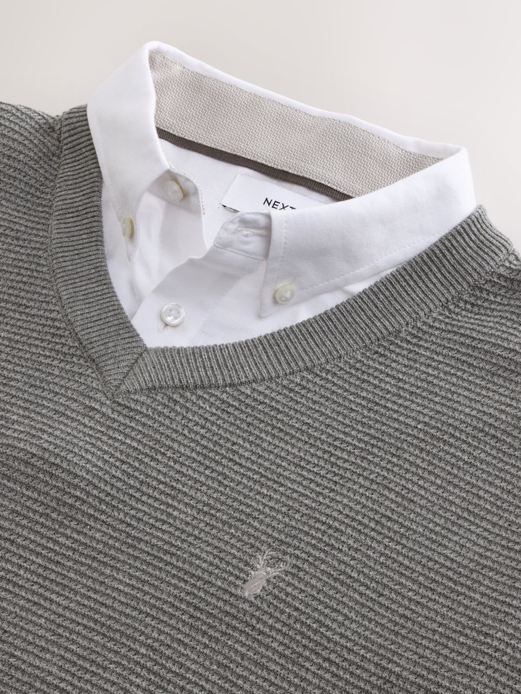 Grey V-Neck Regular Fit Textured Oxford Mock Shirt Jumper - Image 8 of 8
