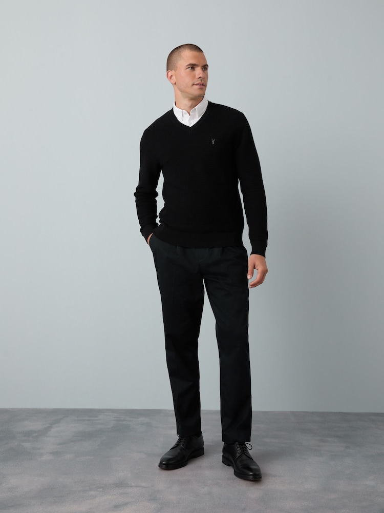 Black Regular Fit Textured Oxford V-Neck Mock Shirt Jumper - Image 2 of 8