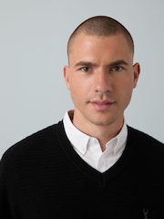 Black Regular Fit Textured Oxford V-Neck Mock Shirt Jumper - Image 3 of 8
