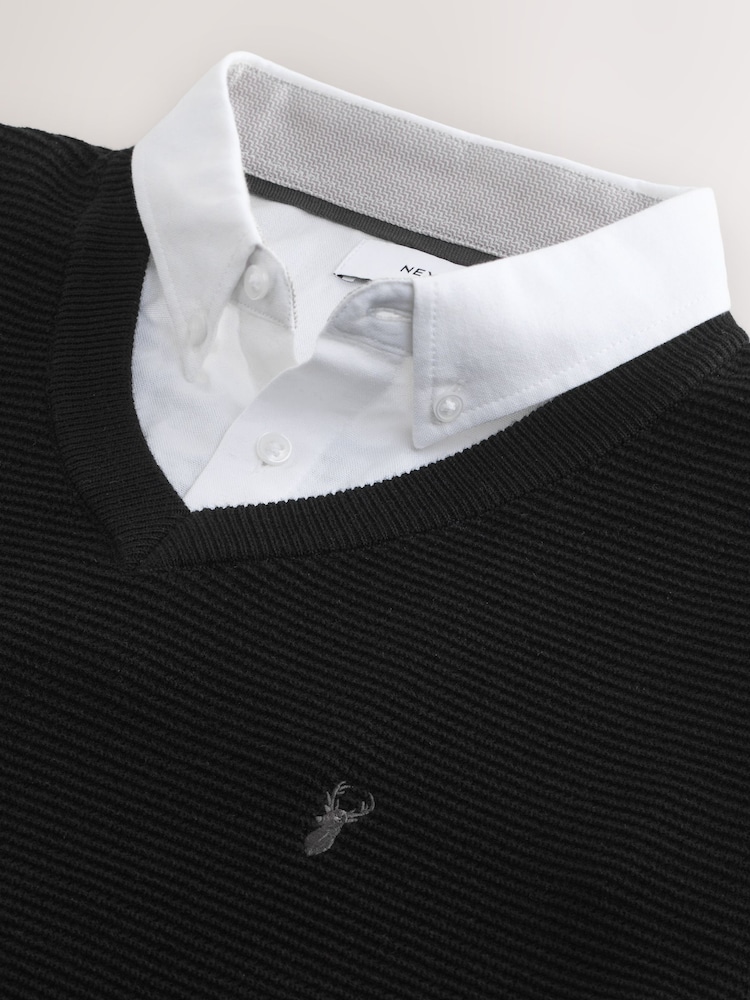 Black Regular Fit Textured Oxford V-Neck Mock Shirt Jumper - Image 8 of 8