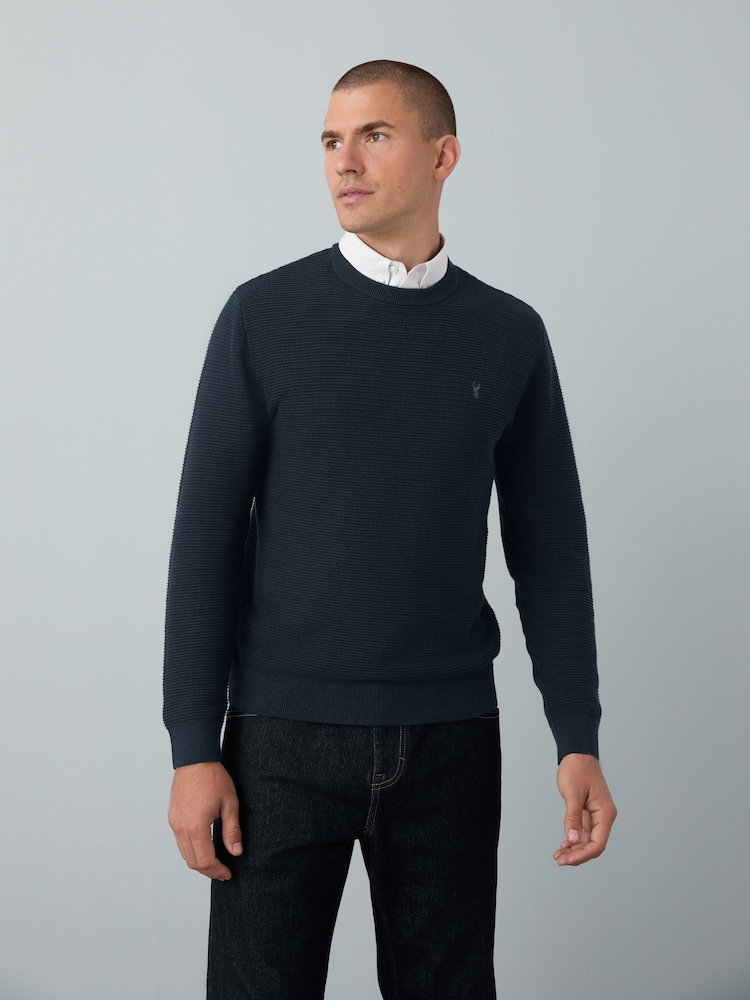 Navy Blue Crew Neck Regular Fit Textured Oxford Mock Shirt Jumper - Image 1 of 8