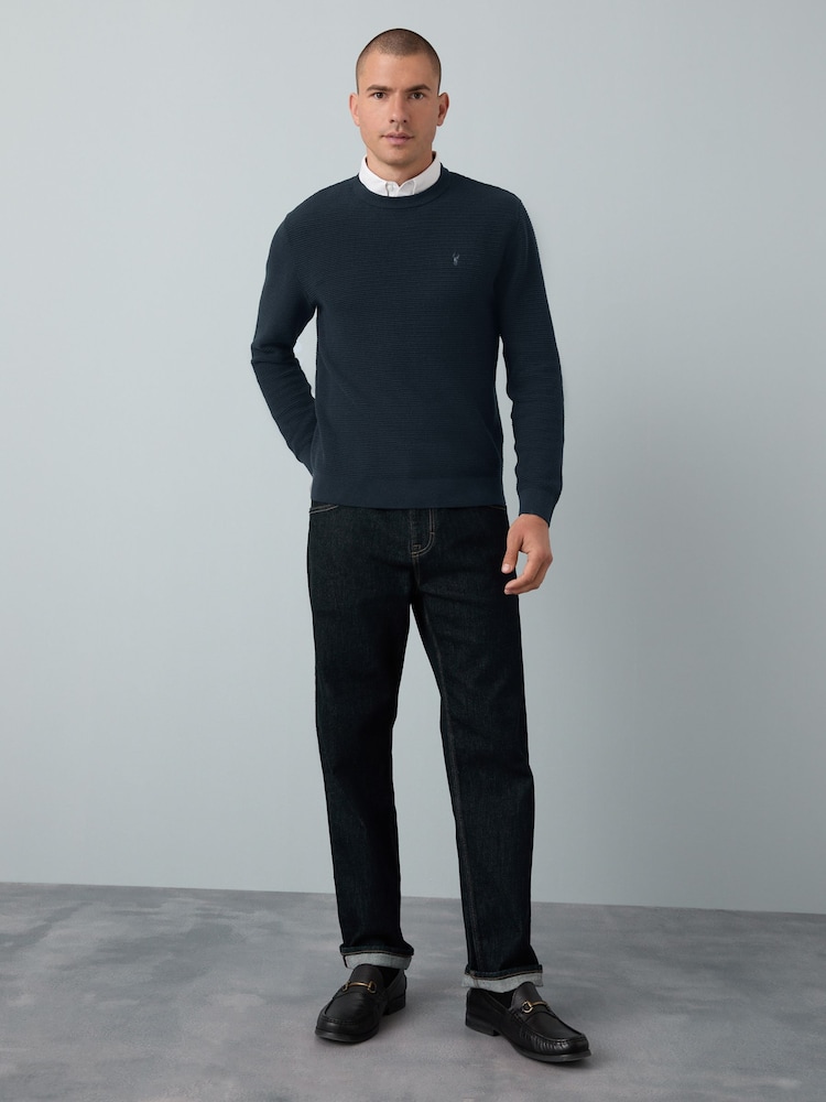 Navy Blue Crew Neck Regular Fit Textured Oxford Mock Shirt Jumper - Image 2 of 8
