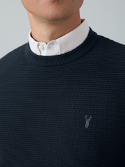 Navy Blue Crew Neck Regular Fit Textured Oxford Mock Shirt Jumper - Image 4 of 8