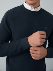 Navy Blue Crew Neck Regular Fit Textured Oxford Mock Shirt Jumper - Image 5 of 8