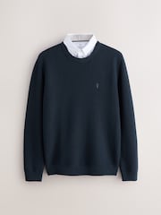 Navy Blue Crew Neck Regular Fit Textured Oxford Mock Shirt Jumper - Image 6 of 8