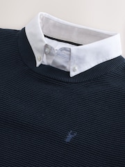 Navy Blue Crew Neck Regular Fit Textured Oxford Mock Shirt Jumper - Image 7 of 8