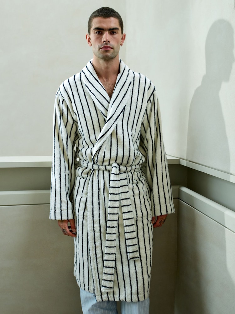 Ecru / Navy Blue Stripe Cotton Towelling Dressing Gown - Image 1 of 9 Ecru / Navy Blue Stripe Cotton Towelling Dressing Gown - Image 1 of 9