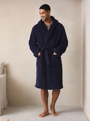 Navy Blue Patterned Cut Borg Dressing Gown - Image 1 of 13