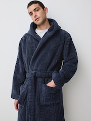 Navy Blue Patterned Cut Borg Dressing Gown - Image 6 of 13