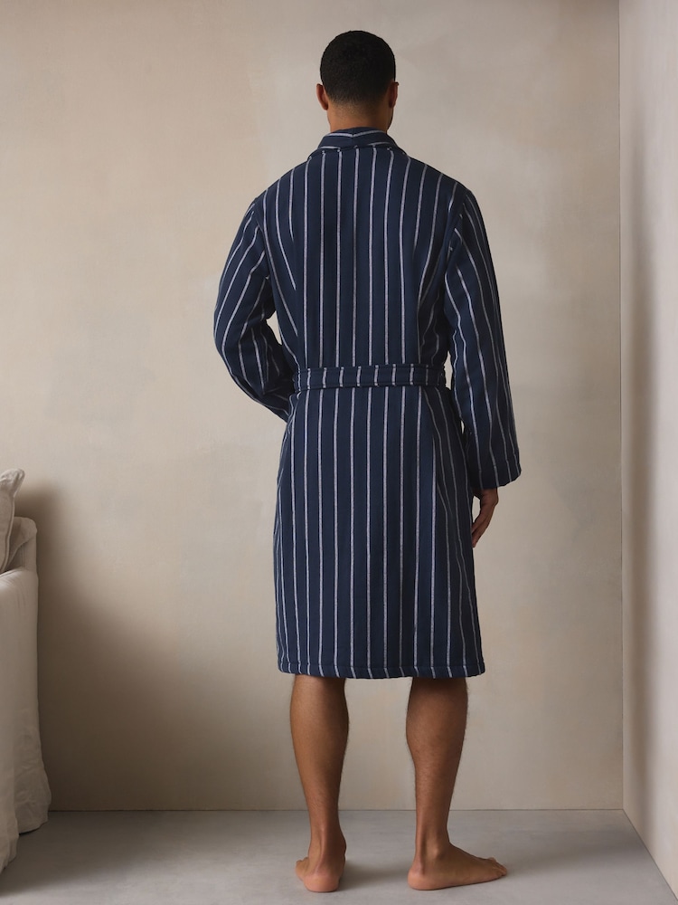 Navy Blue Stripe Cotton Towelling Dressing Gown - Image 2 of 8 Navy Blue Stripe Cotton Towelling Dressing Gown - Image 2 of 8