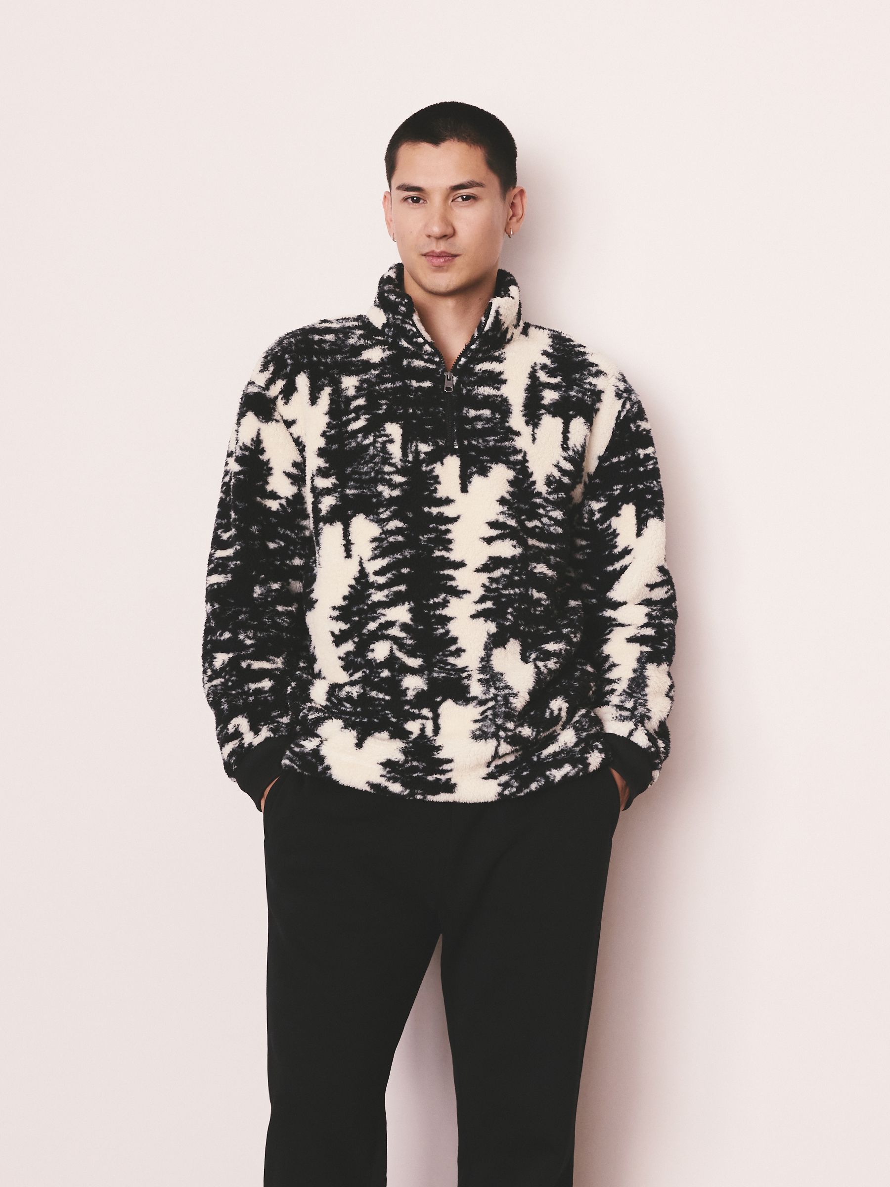 Buy Black/Cream Tree Print Matching Family Zip Neck Borg Fleece