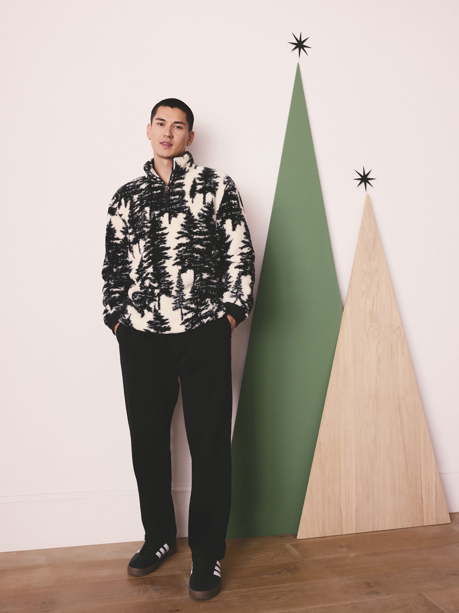 Buy Black/Cream Tree Print Matching Family Zip Neck Borg Fleece