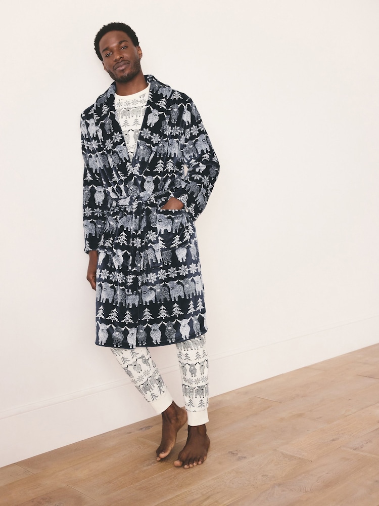 Navy Blue Matching Family Christmas Hamish The Highland Cow Dressing Gown - Image 1 of 3
