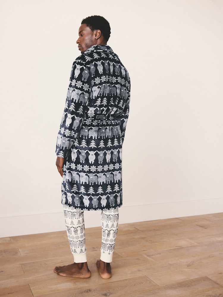 Navy Blue Matching Family Christmas Hamish The Highland Cow Dressing Gown - Image 2 of 3