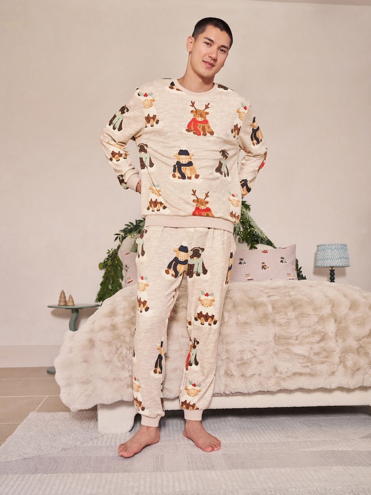 Oatmeal Hamish The Highland Cow Matching Family Christmas Cosy Long Sleeve Pyjamas - Image 1 of 11