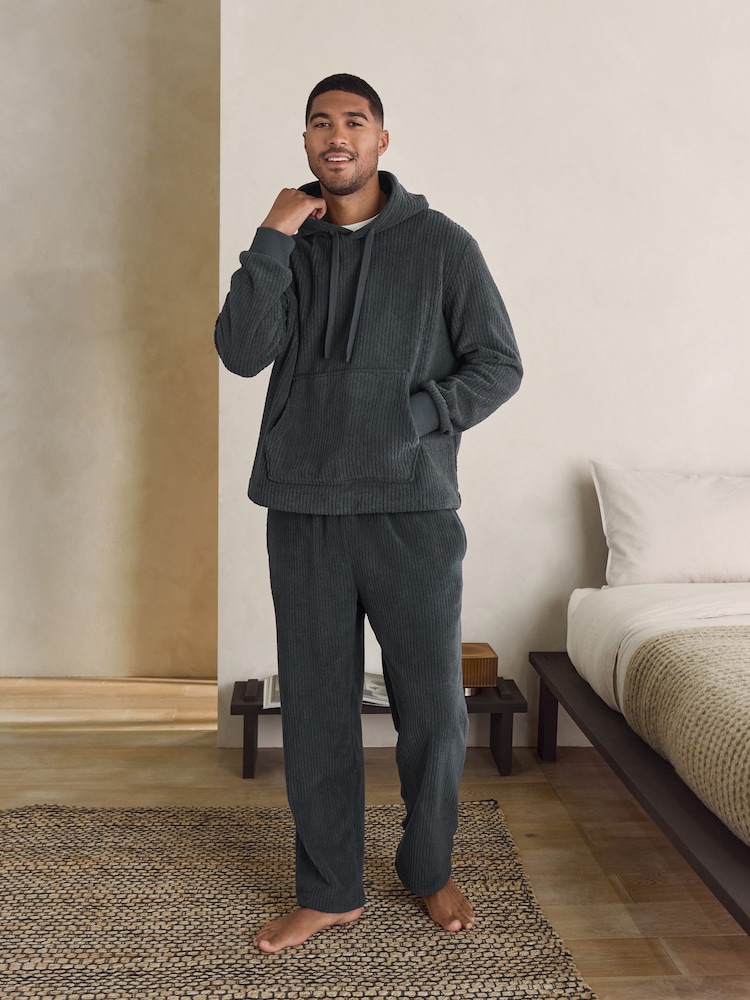 Slate Grey Borg Fleece Ribbed Texture Hoodie - Image 2 of 9