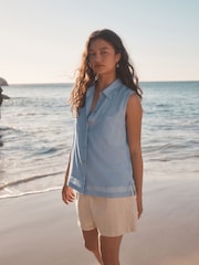 Light Blue Sleeveless Shirt With Linen - Image 1 of 7