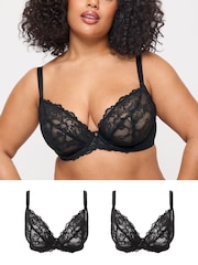 Ann Summers Black DD+ Non Pad Plunge 2 Pack Sexy Lace Underwired Bra - Image 1 of 5
