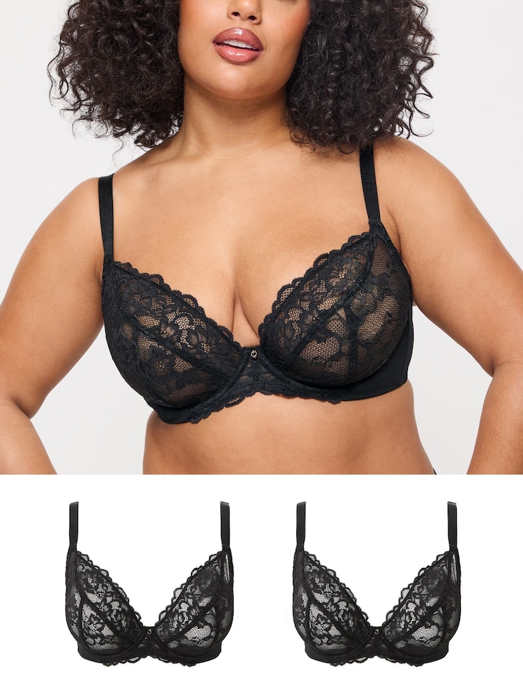 Ann Summers Black DD+ Non Pad Plunge 2 Pack Sexy Lace Underwired Bra - Image 1 of 5