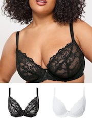 Ann Summers Black & White DD+ Non Pad Plunge 2 Pack Sexy Lace Underwired Bra - Image 1 of 7