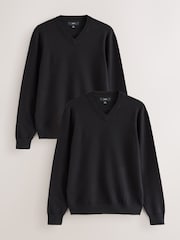 Black Regular Fit Soft Touch V-Neck Jumpers 2 Pack - Image 1 of 5