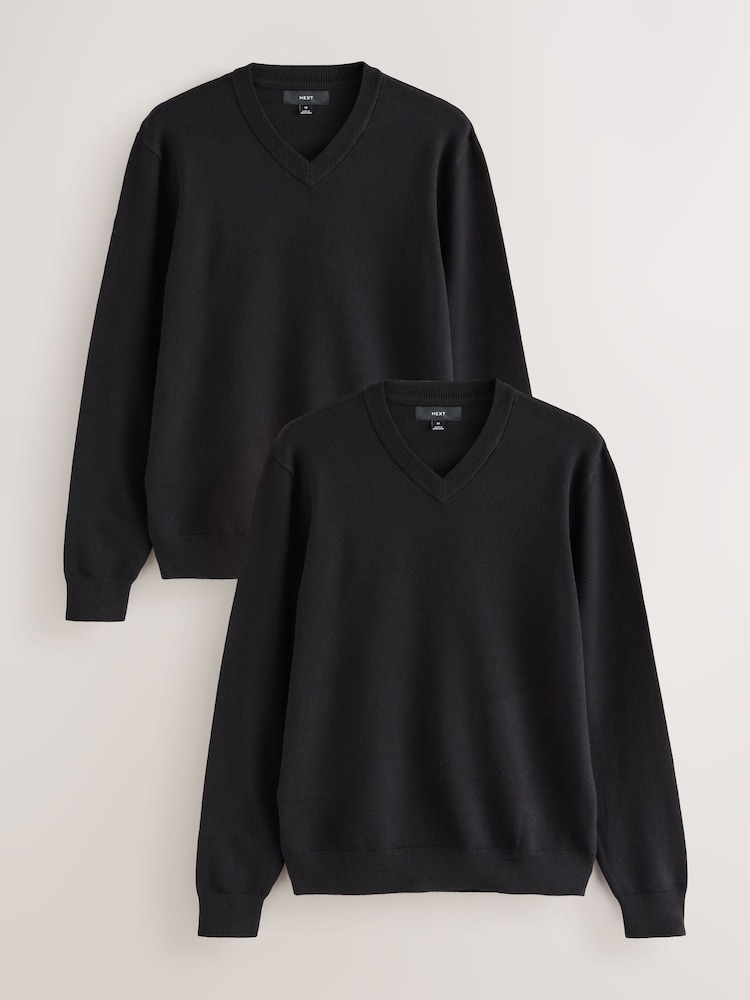 Black Regular Fit Soft Touch V-Neck Jumpers 2 Pack - Image 1 of 5