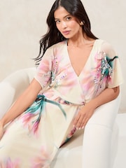 Lipsy White Petite Floral Printed Embellished Detail Fit And Flare Midi Dress - Image 4 of 5