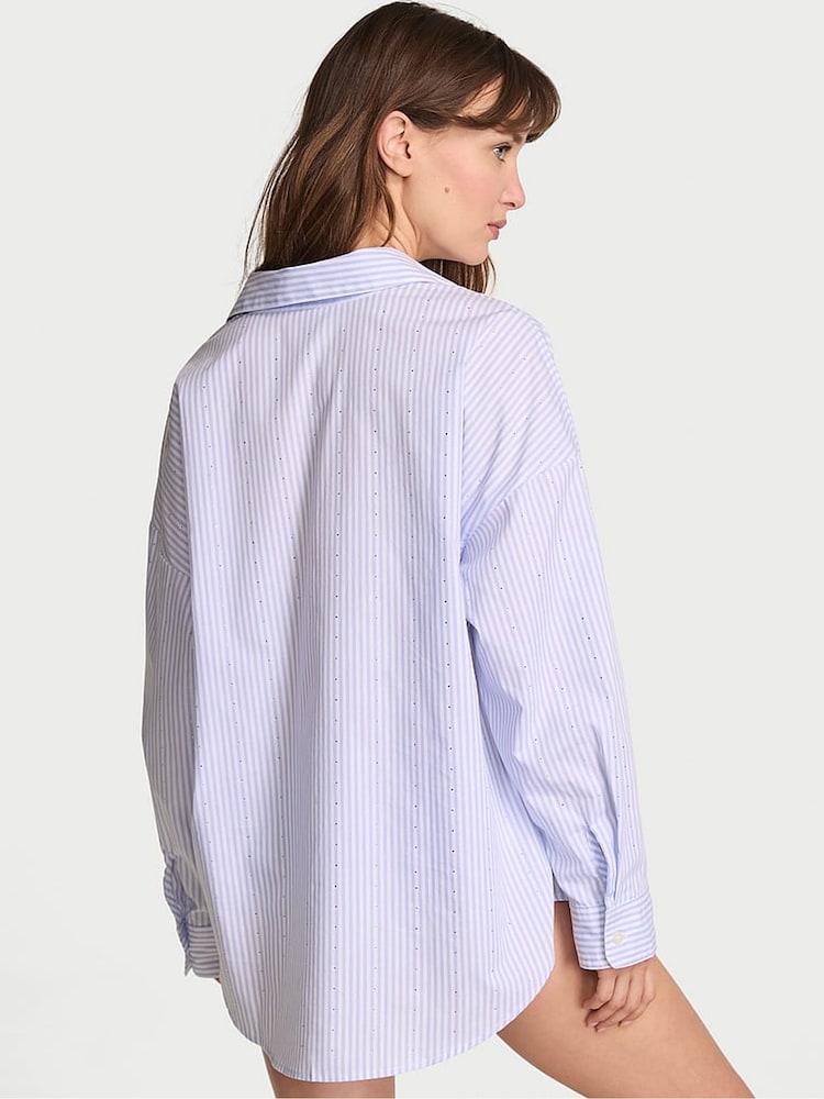 Victoria's Secret Blue Stripe Cotton Diamante Pyjama Shirt - Image 2 of 4